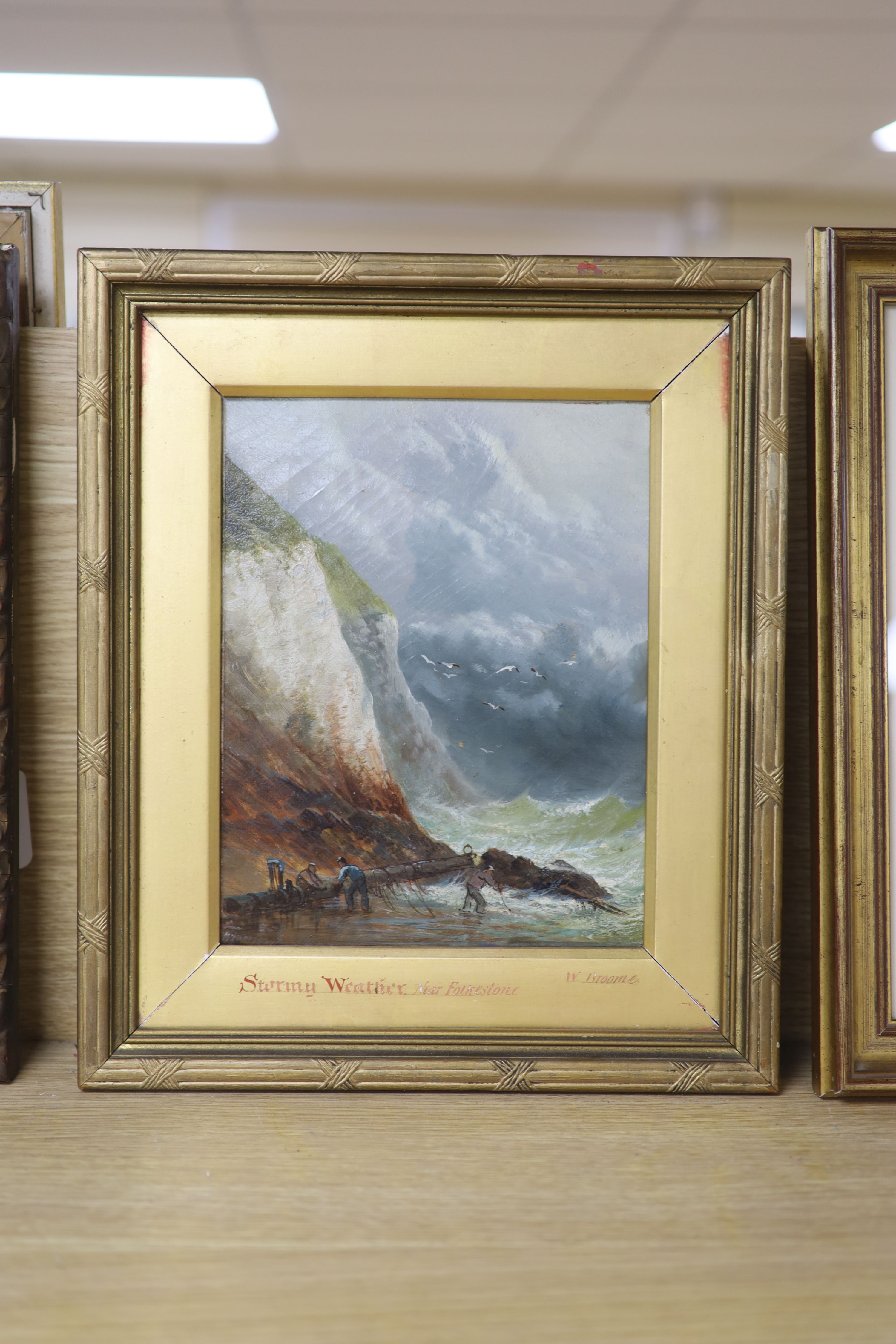 William Broome (1838-1892), oil on canvas, 'Stormy weather near Folkestone', signed, 24 x 19cm